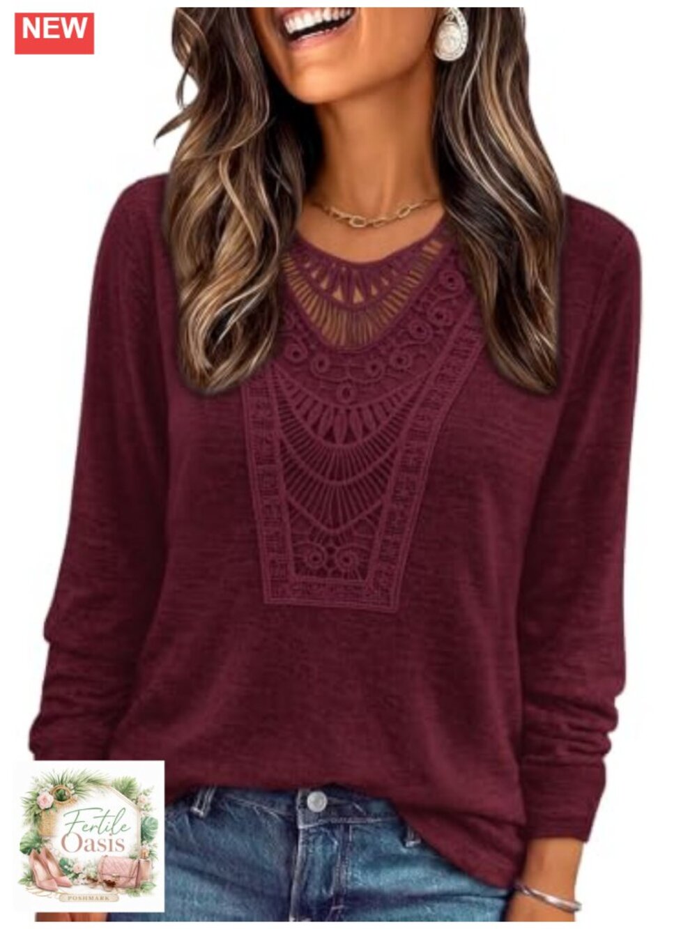 Long Sleeve Boho Tunic Blouse with Lace Neck, Soft Stretch Pullover